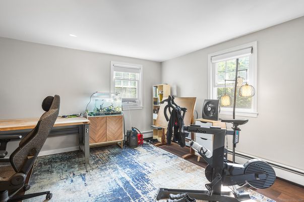 Fitness Equipment, Home Office, Interior, Recessed Lighting, Wood Texture Flooring