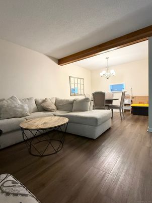 Chandelier, Dining room, Interior, Living room, Wooden Beams, Wood Texture Flooring
