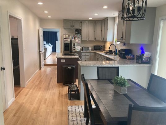 Dining room, Interior, Kitchen, Recessed Lighting, Wood Texture Flooring