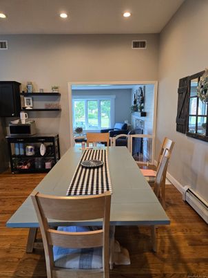 Dining room, Interior, Recessed Lighting, Wood Texture Flooring