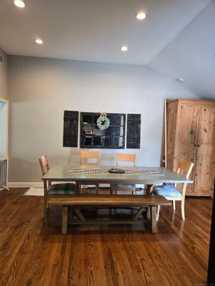 Dining room, Interior, Recessed Lighting, Wood Texture Flooring