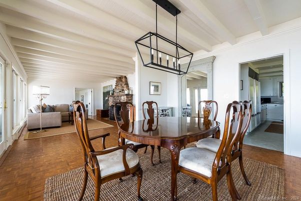Dining room, Fireplace, Interior, Living room, Pendant Lights, Wood Texture Flooring