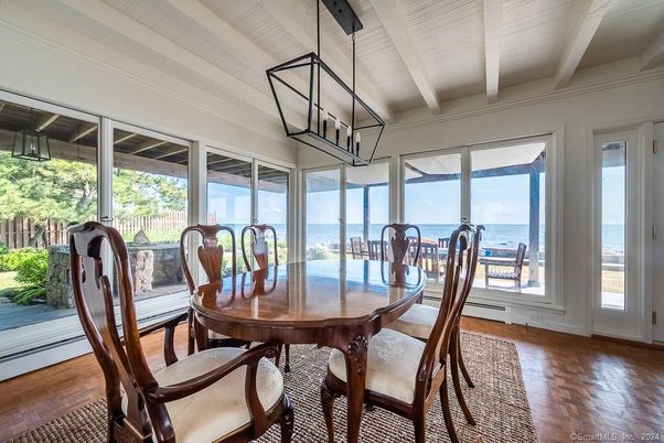 Dining room, Interior, Pendant Lights, Water, Wood Texture Flooring