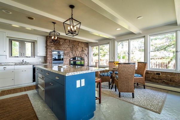 Dining room, Interior, Kitchen, Pendant Lights, Recessed Lighting, Stainless Steel Appliances, Stone Walls