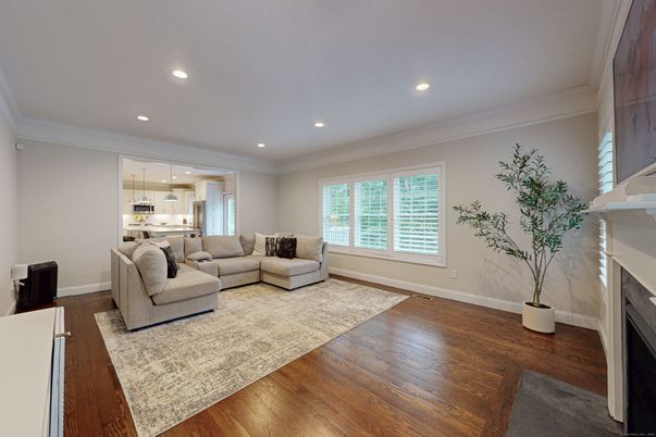 Fireplace, Interior, Kitchen, Living room, Pendant Lights, Recessed Lighting, Wood Texture Flooring