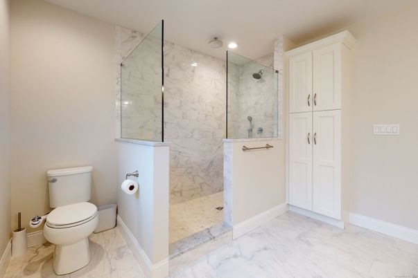 Bathroom, Glass Shower, Interior, Marble, Marble Walls, Recessed Lighting