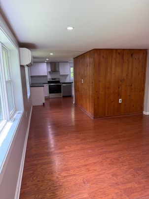 Empty room, Interior, Kitchen, Recessed Lighting, Wood Texture Flooring