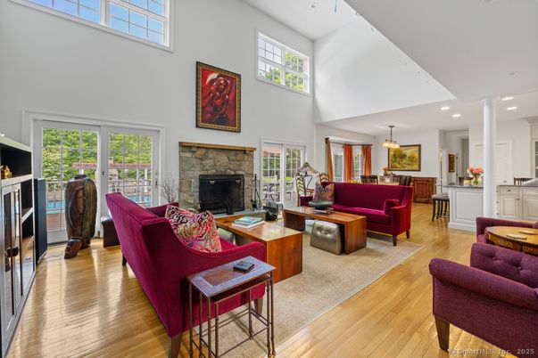 Fireplace, Interior, Living room, Pendant Lights, Recessed Lighting, Wood Texture Flooring