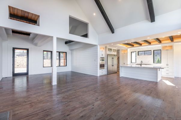 Empty room, Interior, Kitchen, Recessed Lighting, Wooden Beams, Wood Texture Flooring