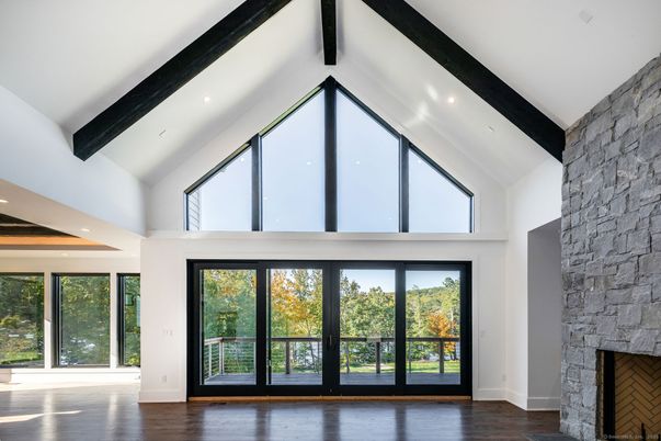Empty room, Fireplace, Interior, Recessed Lighting, Stone Walls, Wooden Beams, Wood Texture Flooring