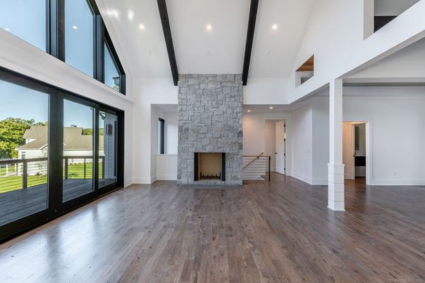 Empty room, Fireplace, Interior, Recessed Lighting, Wooden Beams, Wood Texture Flooring