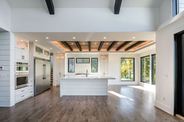 Interior, Kitchen, Recessed Lighting, Stainless Steel Appliances, Wooden Beams, Wooden Ceilings, Wood Texture Flooring