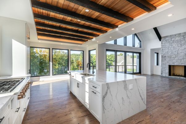 Fireplace, Interior, Kitchen, Recessed Lighting, Stainless Steel Appliances, Stone Walls, Wooden Beams, Wooden Ceilings, Wood Texture Flooring