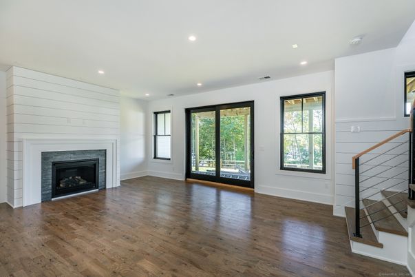Empty room, Fireplace, Interior, Recessed Lighting, Wood Texture Flooring