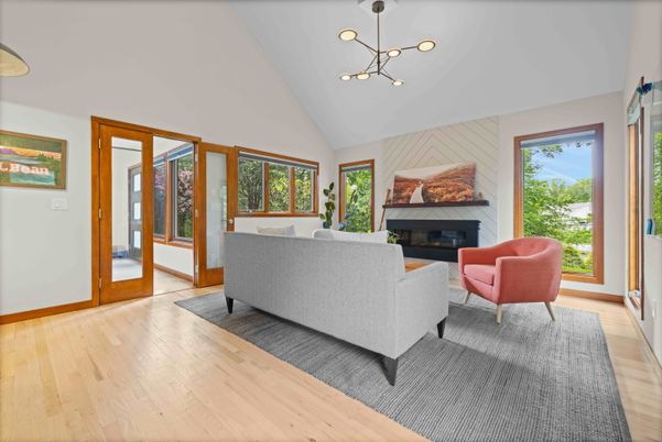Fireplace, Interior, Living room, Pendant Lights, Wood Texture Flooring
