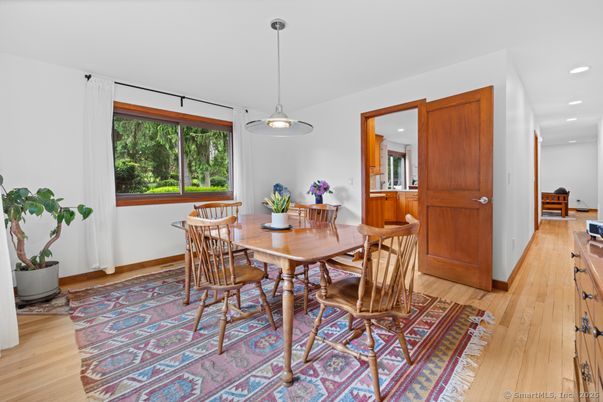Dining room, Interior, Pendant Lights, Recessed Lighting, Wood Texture Flooring