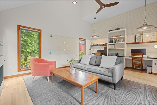 Home Office, Interior, Living room, Pendant Lights, Recessed Lighting, Wood Texture Flooring
