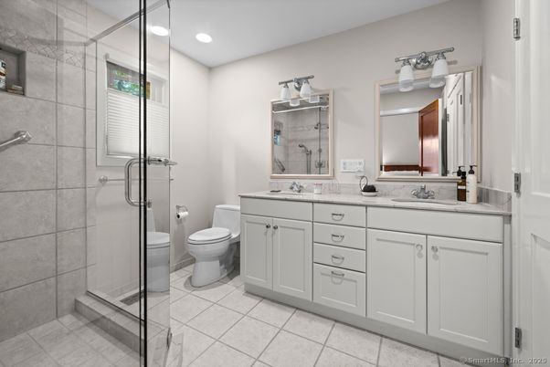Bathroom, Dual Sink Vanities, Glass Shower, Interior, Recessed Lighting