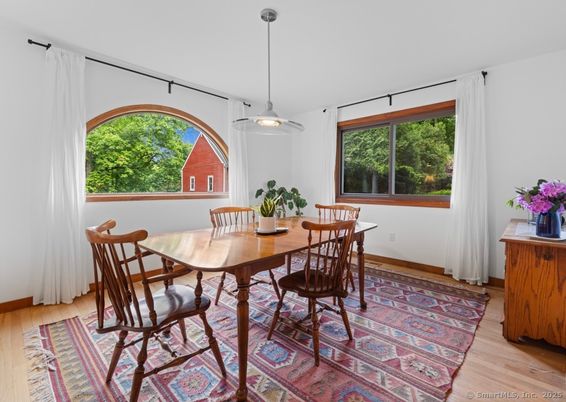 Dining room, Interior, Pendant Lights, Wood Texture Flooring