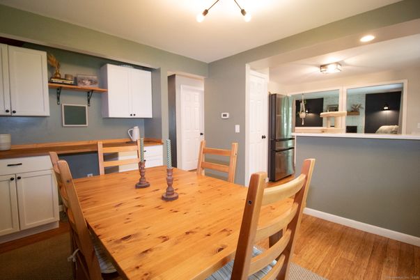 Dining room, Interior, Recessed Lighting, Wood Texture Flooring