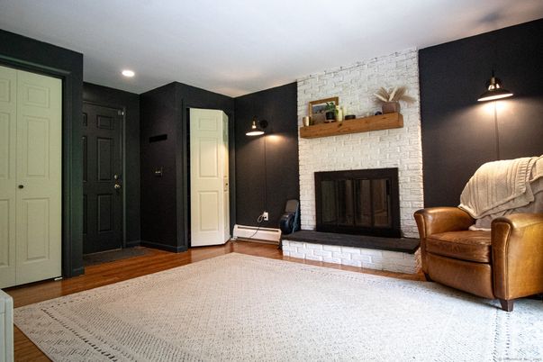 Fireplace, Interior, Recessed Lighting, Wood Texture Flooring