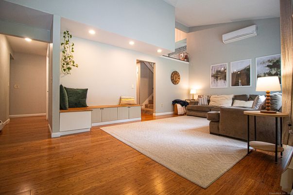 Interior, Living room, Recessed Lighting, Wood Texture Flooring