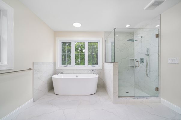 Bathroom, Free Standing Baths, Glass Shower, Interior, Marble, Marble Walls, Recessed Lighting