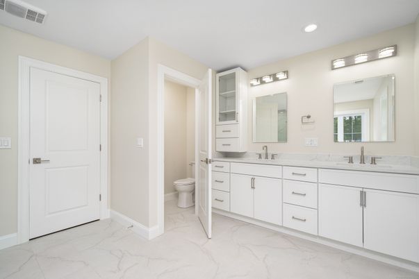 Bathroom, Dual Sink Vanities, Interior, Marble, Recessed Lighting
