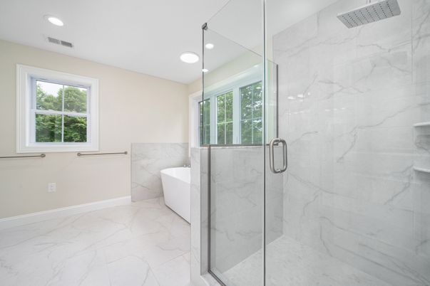 Bathroom, Free Standing Baths, Glass Shower, Interior, Marble, Marble Walls, Recessed Lighting