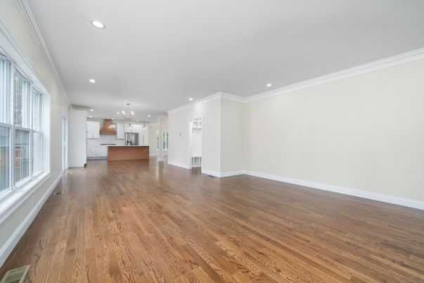 Empty room, Interior, Kitchen, Pendant Lights, Recessed Lighting, Wood Texture Flooring