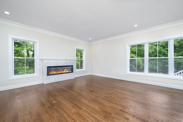 Empty room, Fireplace, Interior, Recessed Lighting, Wood Texture Flooring