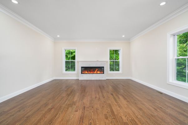 Empty room, Fireplace, Interior, Recessed Lighting, Wood Texture Flooring