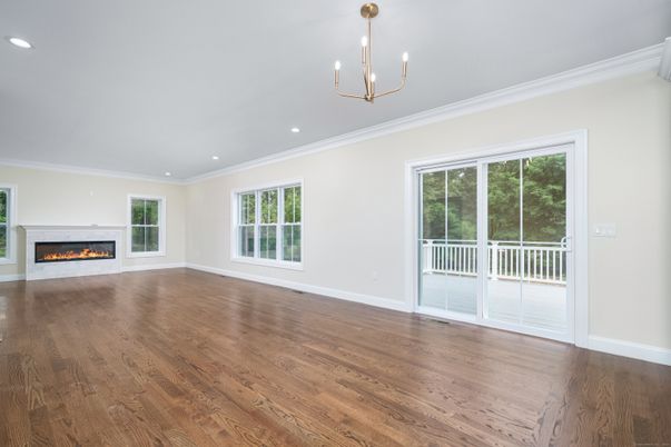 Empty room, Fireplace, Interior, Pendant Lights, Recessed Lighting, Wood Texture Flooring