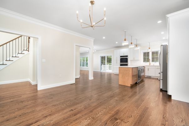 Chandelier, Interior, Kitchen, Pendant Lights, Recessed Lighting, Stainless Steel Appliances, Wood Texture Flooring