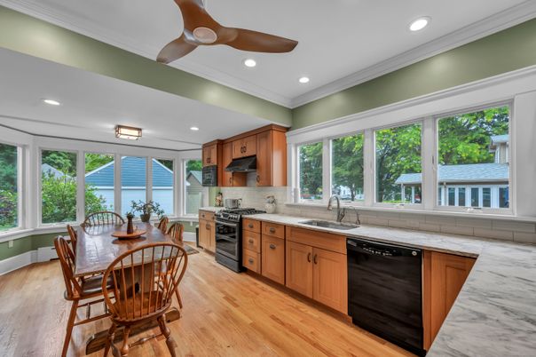 Dining room, Interior, Kitchen, Recessed Lighting, Stainless Steel Appliances, Water, Wood Texture Flooring