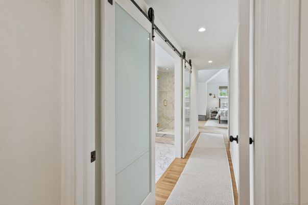 Bathroom, Interior, Marble, Recessed Lighting, Wood Texture Flooring