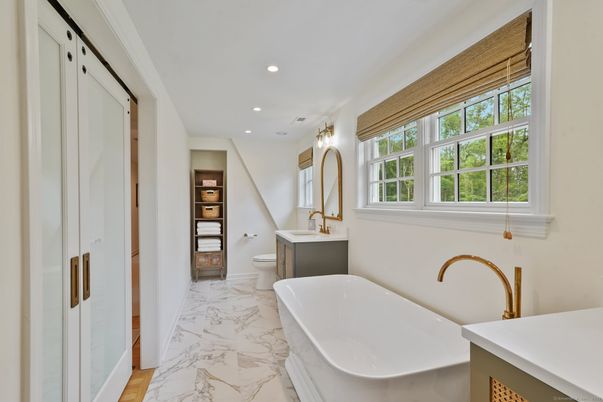 Bathroom, Free Standing Baths, Interior, Marble, Recessed Lighting