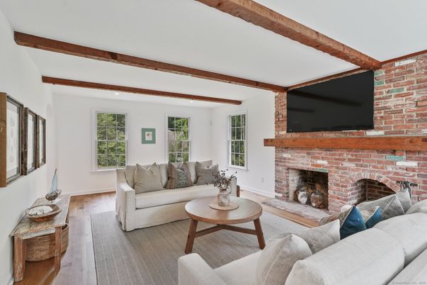 Fireplace, Interior, Living room, Recessed Lighting, Stone Walls, Wooden Beams, Wood Texture Flooring