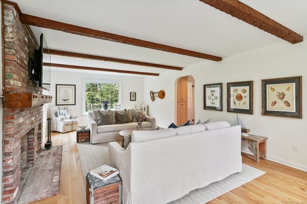 Fireplace, Interior, Living room, Pendant Lights, Stone Walls, Wooden Beams, Wood Texture Flooring