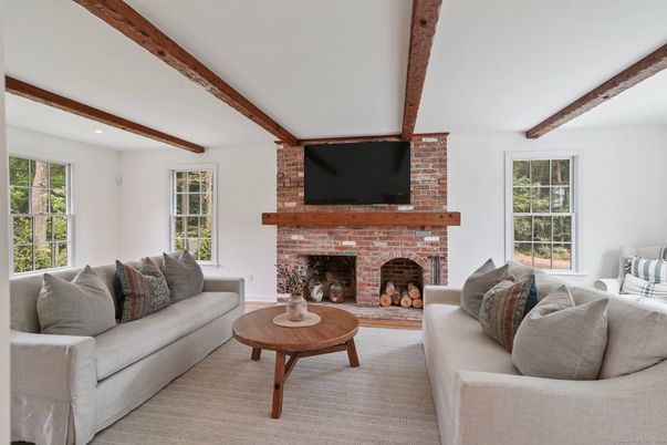 Fireplace, Interior, Living room, Recessed Lighting, Wooden Beams