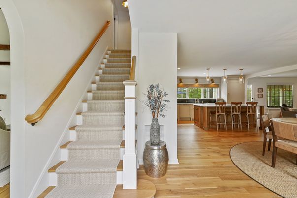Dining room, Interior, Pendant Lights, Recessed Lighting, Wood Texture Flooring