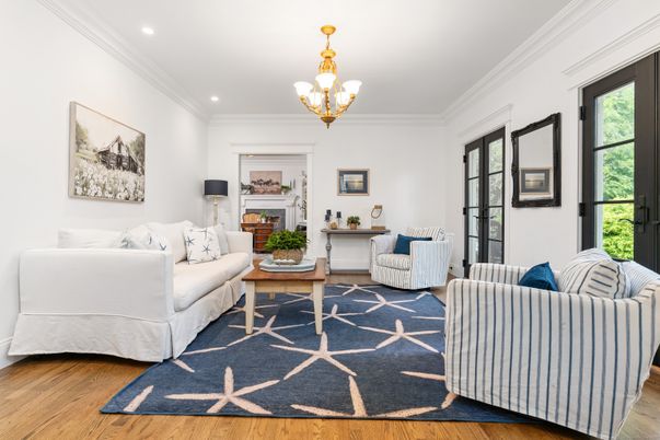 Chandelier, Fireplace, Interior, Living room, Recessed Lighting, Wood Texture Flooring