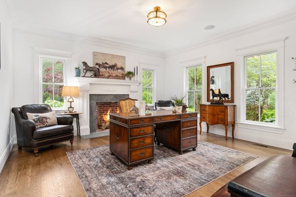 Fireplace, Home Office, Interior, Wood Texture Flooring
