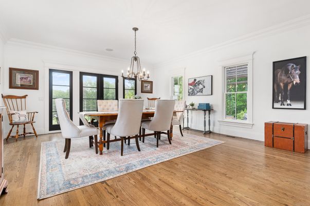 Chandelier, Dining room, Interior, Pendant Lights, Wood Texture Flooring
