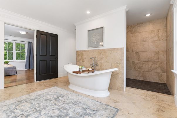 Bathroom, Free Standing Baths, Interior, Recessed Lighting, Wood Texture Flooring