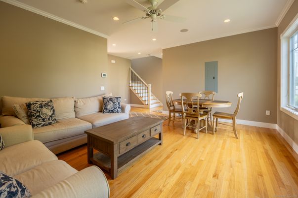 Dining room, Interior, Living room, Recessed Lighting, Wood Texture Flooring