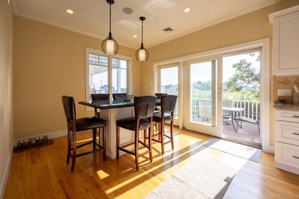 Dining room, Interior, Pendant Lights, Recessed Lighting, Wood Texture Flooring