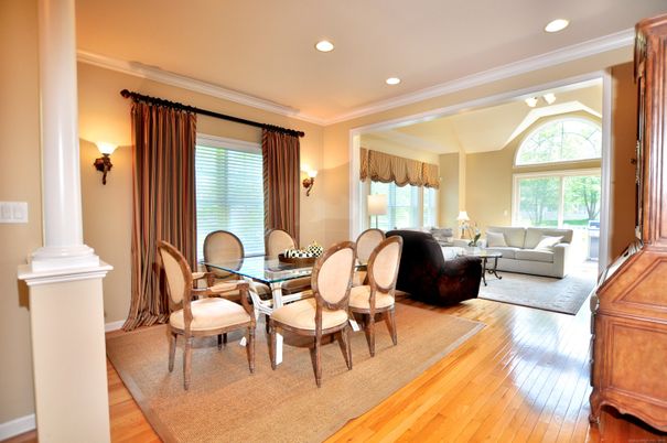 Dining room, Interior, Living room, Recessed Lighting, Wood Texture Flooring