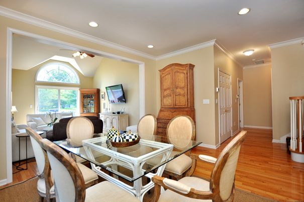 Dining room, Interior, Recessed Lighting, Wood Texture Flooring