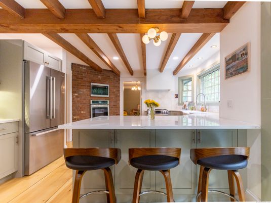 Interior, Kitchen, Recessed Lighting, Stainless Steel Appliances, Stone Walls, Wooden Beams, Wood Texture Flooring